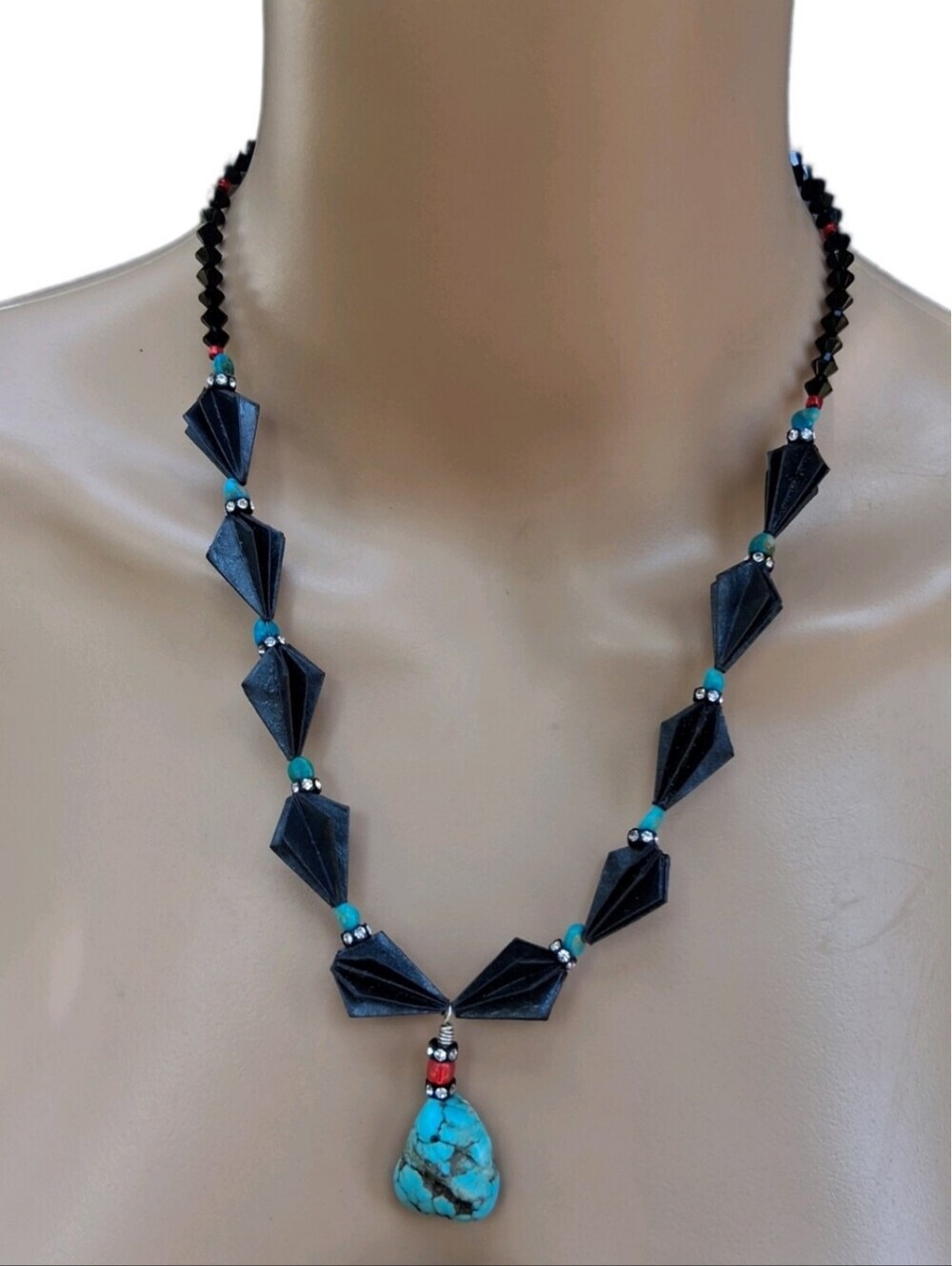 VTG Southwestern Sterling Silver Turquoise Nugget & Upcycled Paper Bead Necklace